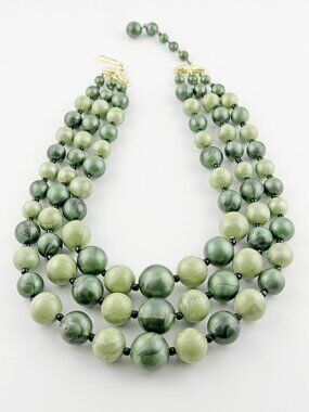 Vtg West Germany Triple Strand Green Marbled Bead Choker Necklace 14"-16"